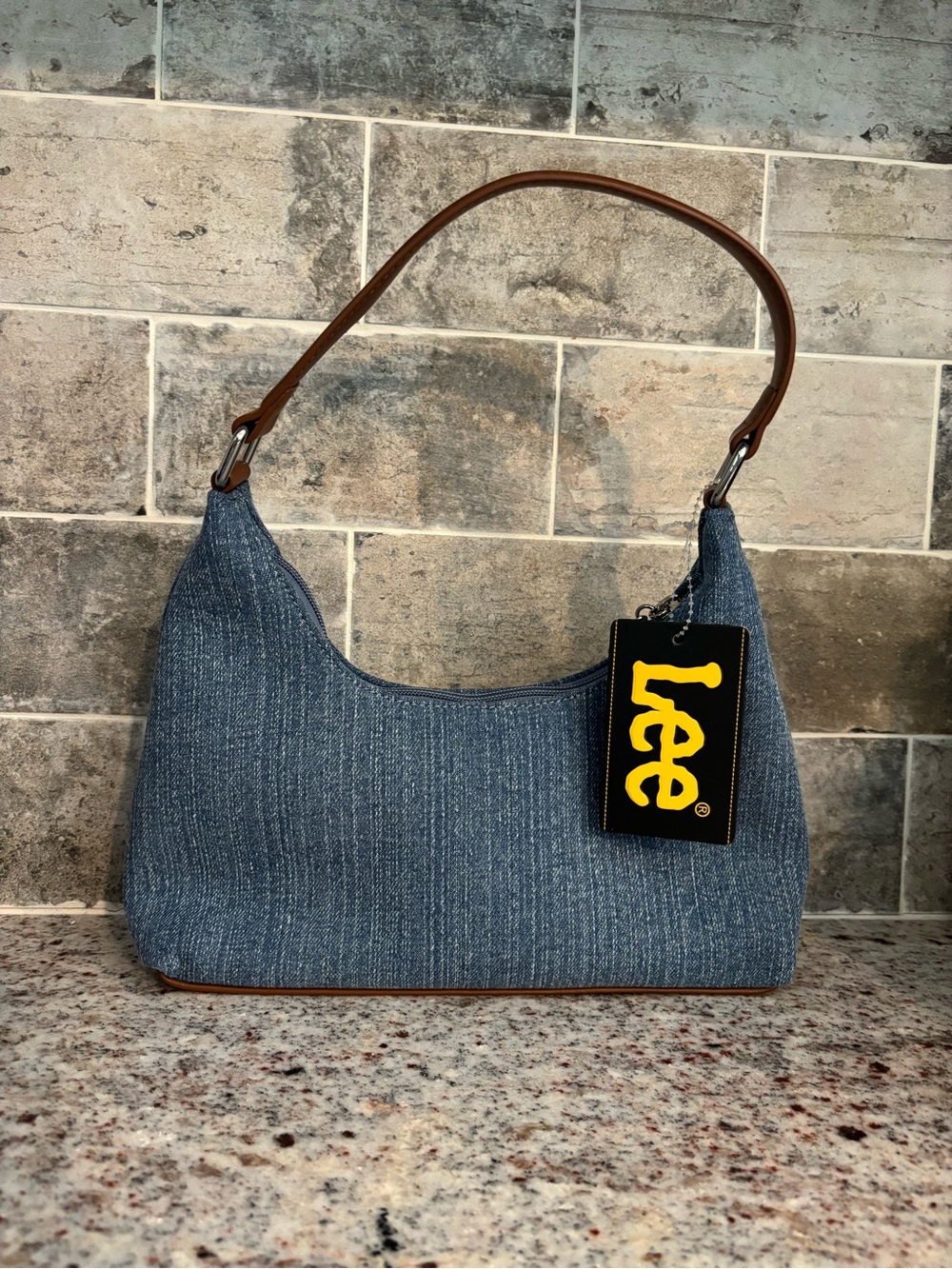 Lee Denim Shoulder Bag in Blue with Brown Strap - Picture 2 of 3